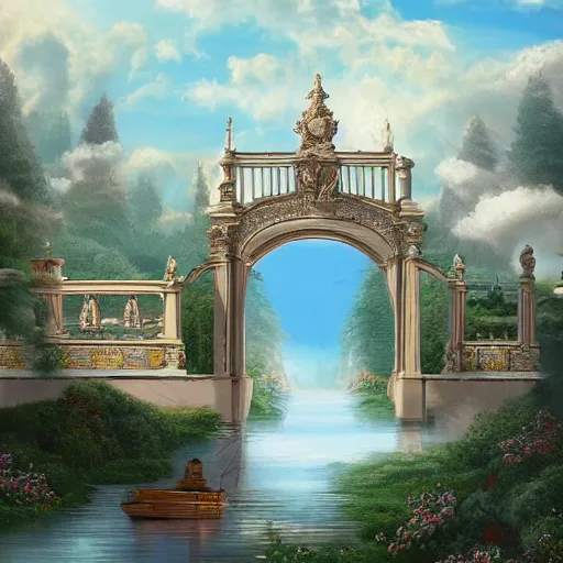 Image similar to bridge leading to an ornate palace in the clouds hyperrealistic fantasy-H 768