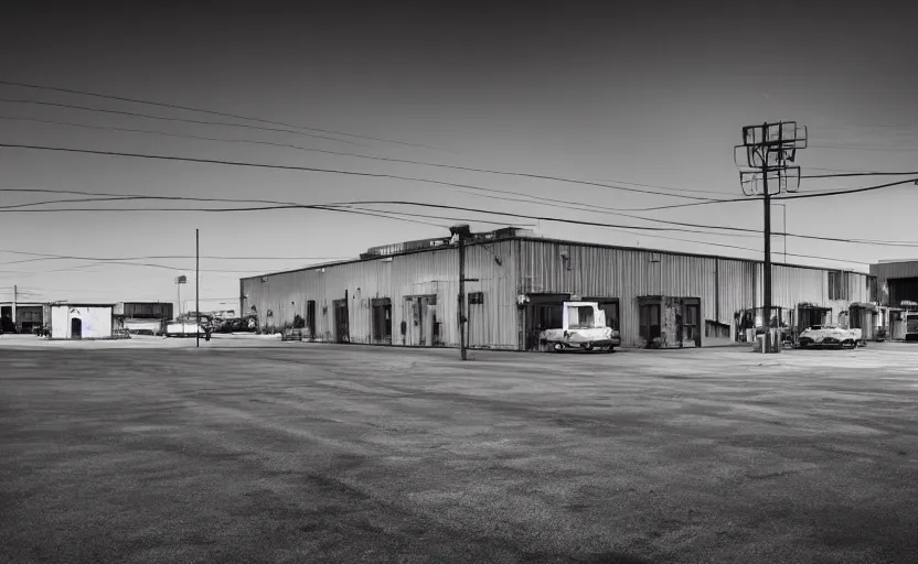 Image similar to industrial grey metal warehouse complex, large empty parking lot in front of it, in the center of the warehouse is a fast food restaurant with neon signs, sea in the background