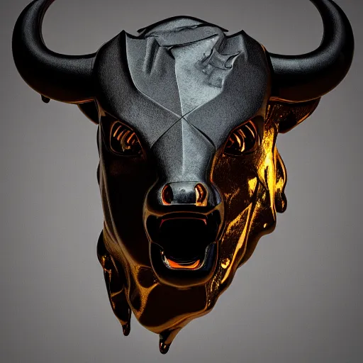 Image similar to 3 d render melted bull head, sculpture, chrometype, liquid metal, neotribal, raytraced, volumetric lightning, 8 k by wlop, innate studio h - 1 0 0 0 w - 1 0 0 0