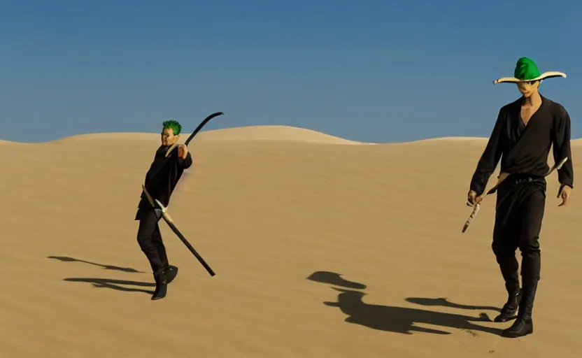 Image similar to roronoa zoro in sand dunes, photography