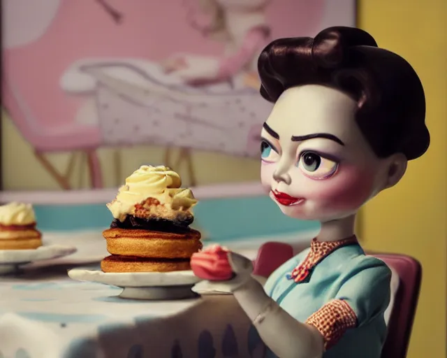 Prompt: closeup face portrait of a tin toy emma stone eating cakes in a 1 9 5 0 s diner, by nicoletta ceccoli, mark ryden, lostfish, max fleischer, depth of field, detailed and intricate red square environment, 8 k resolution, hyperrealistic, octane render