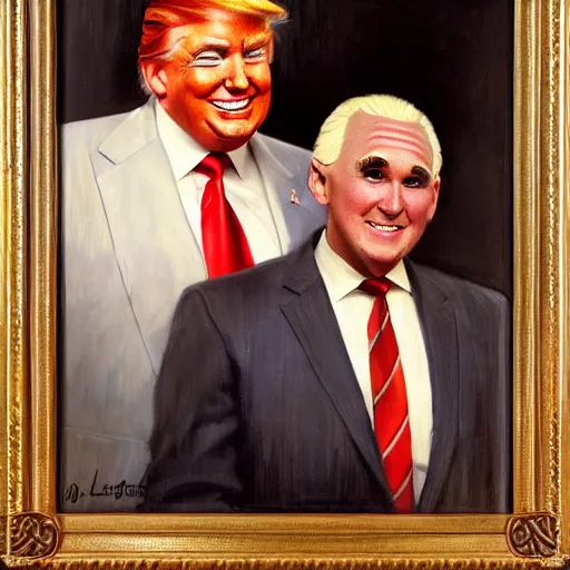 Image similar to attractive fully clothed donald trump confesses his love for his attractive roger stone. highly detailed painting by gaston bussiere and j. c. leyendecker 8 k