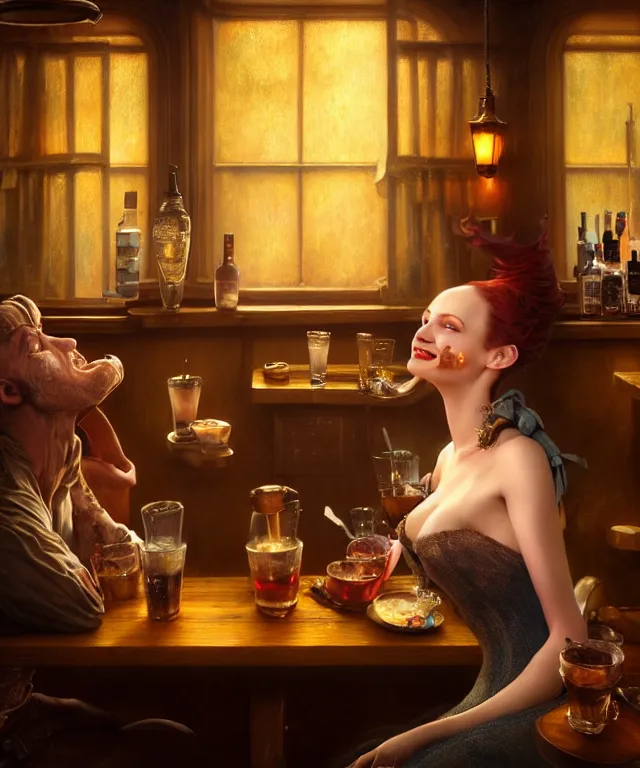 Image similar to hyperrealistic mixed media painting of a beautiful smiling charismatic barmaiden, dimly lit cozy tavern, confident relaxed pose, fantasy, stunning 3d render inspired art by Gerald Brom and Anna Dittmann + perfect facial symmetry + dim volumetric lighting, 8k octane beautifully detailed render, post-processing, extremely hyperdetailed, intricate, epic composition, grim yet sparkling atmosphere, cinematic lighting + masterpiece, trending on artstation, very very detailed, masterpiece, stunning