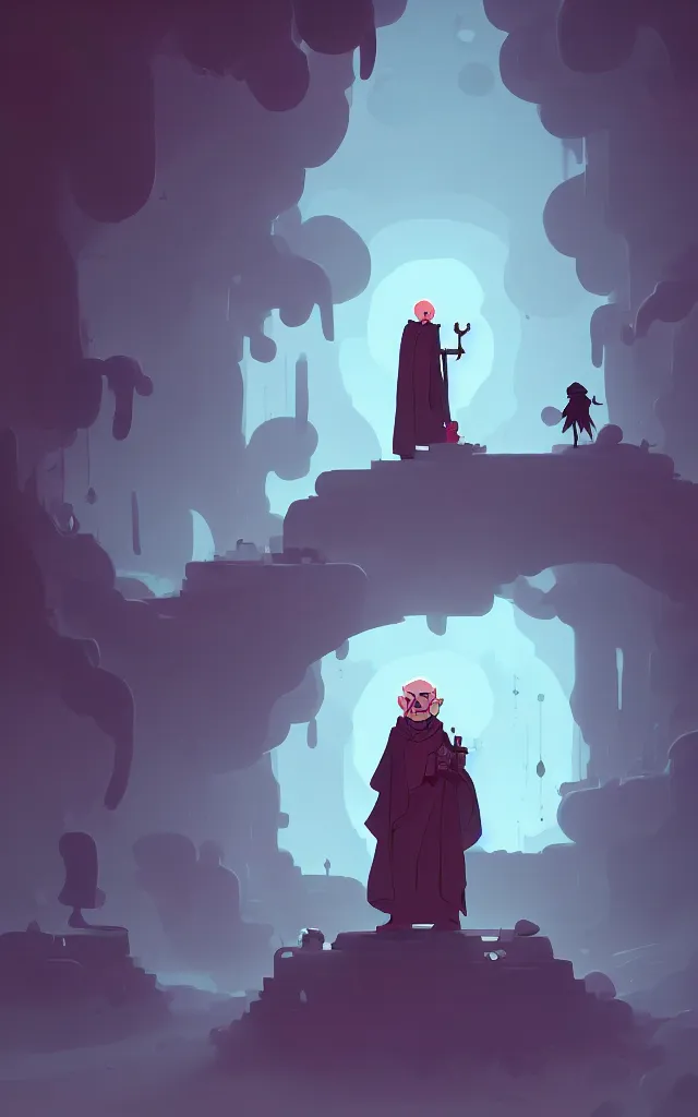 Prompt: Old wise Monk guiding a Lost Ghost through a empty dark world with Broken Statues of Great People all around, in the Style of Atey Ghailan and Mike Mignola, vibrant colors, hard shadows, trending on artstation