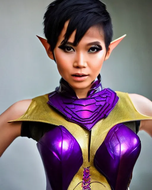 Prompt: a beautiful indonesian woman with a pixie like hairdo and elf ears wears a purple futuristic armored superhero costume, photorealistic