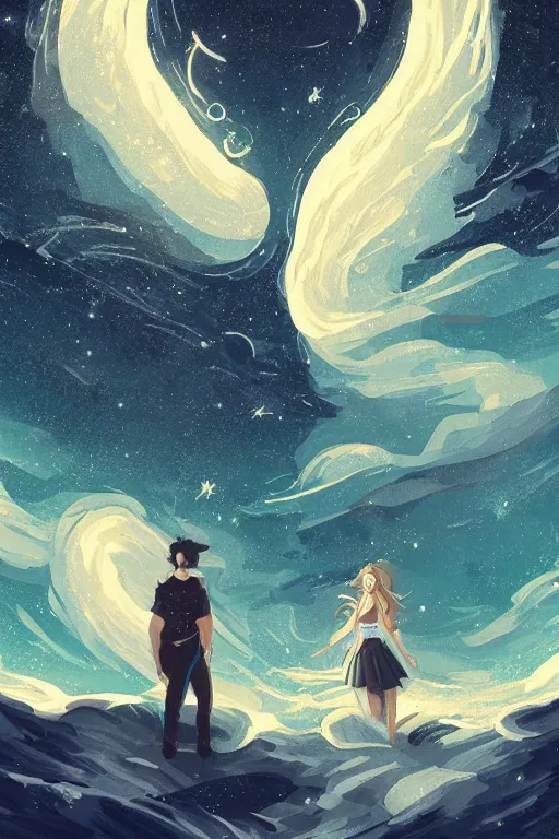 Image similar to man and woman sea and night sky with stars and galaxies, ornate detailed background, trending on artstation, by rossdraws