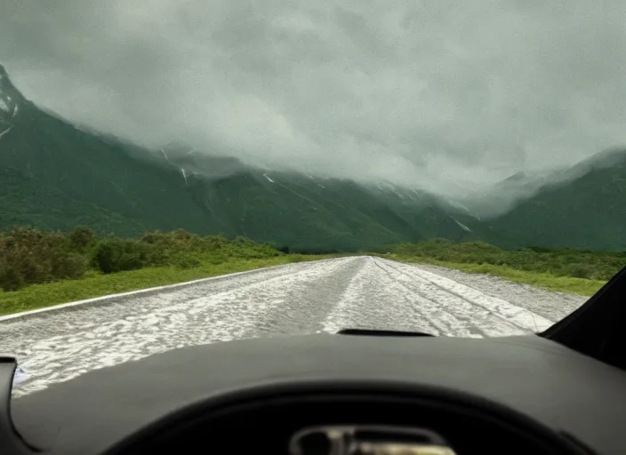 Prompt: A very high resolution image from a new movie, landscape from a car window , mountains, raining, hot, directed by wes anderson