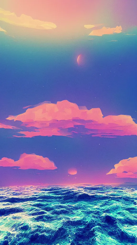Image similar to beach horizon view of the ocean on an alien planet, vaporwave ocean, planet in space over the horizon, trending on artstation, digital art by beeple
