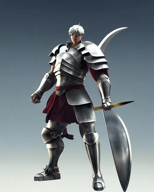 Image similar to strong muscular warrior with a greatsword and fully clad in plate armor, dramatic action pose, square masculine jaw, short messy hair, 3 d octane render, unreal engine 5, ultra high detail, cel shaded, trending on pixiv fanbox, by greg rutkowski makoto shinkai takashi takeuchi studio ghibli, akihiko yoshida