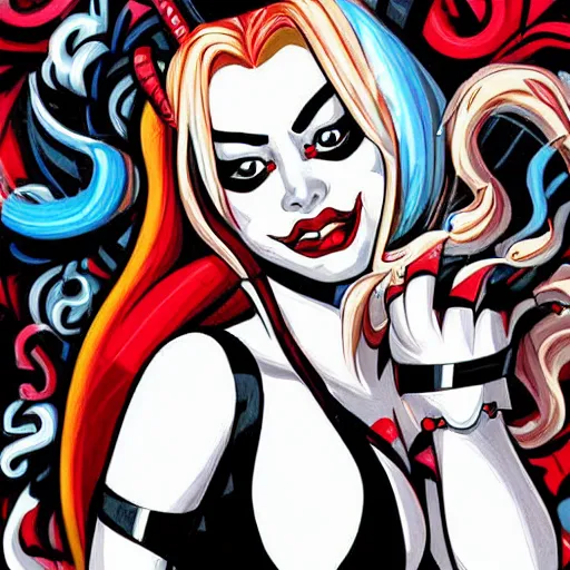 Prompt: detailed digitial painting of harley quinn in bruce timm art style, elaborate, intricate