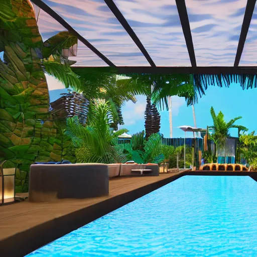 Prompt: a bar made with translucid fabric, swimming pool in front, parametric, blue hour, hyperrealistic, elevation, vray, unreal engine, lush tropical plants