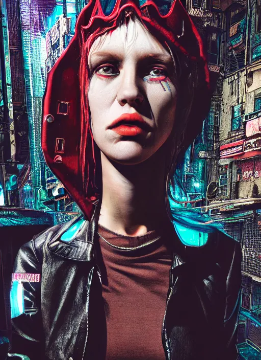 Image similar to portrait photo, 3 5 mm lomography, female doorwoman, gang clothing fashion, id magazine, by david cronenberg, hyperrealism, detailed textures, photorealistic, cyberpunk apocalyptic city, ultra realistic, cinematic, intricate, cinematic light, 8 k, david la chapelle, david kostic, artgerm