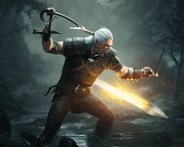 Prompt: 5 5 mm portrait photo of geralt fighting a hydra. magical atmosphere. art by greg rutkowski. highly detailed 8 k. intricate. lifelike. soft light. nikon d 8 5 0.