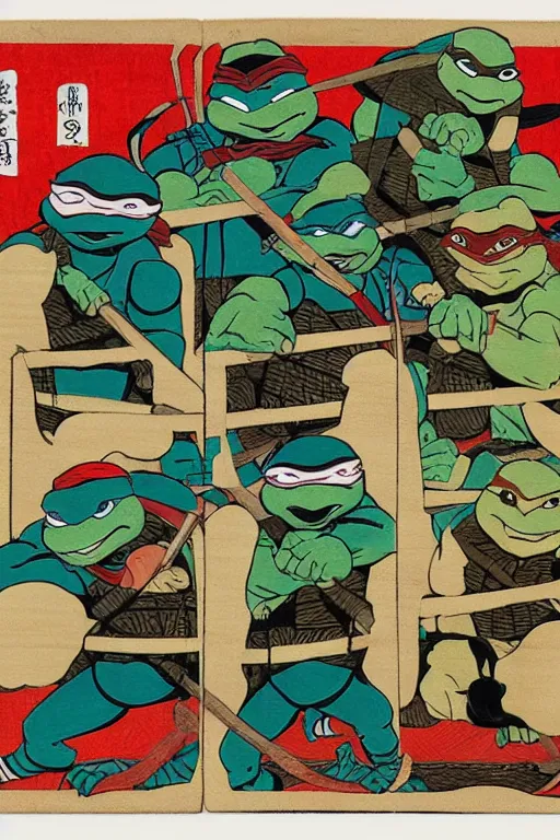 Image similar to Teenage Mutant Ninja Turtles in Japanese ukiyo-e ukiyo-ye woodblock print by Moronobu