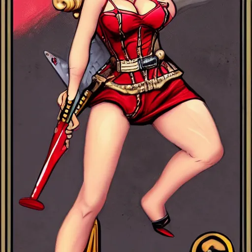 Image similar to pinup art warhammer imperial guard girl dropping bomb blond