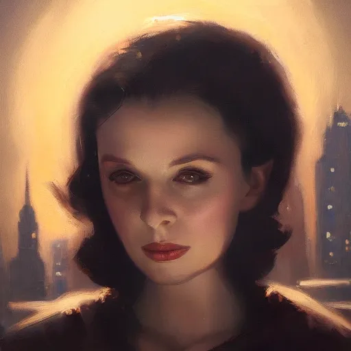 Image similar to closeup portrait of a young vivian leigh, dramatic lighting, city background, night, moon, chiaroscuro, high detail, painted by greg rutkowski, painted by igor kieryluk, painted by bobby chiu, trending on artstation