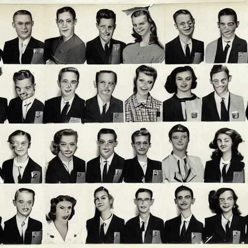 Image similar to image of a 1950s year book but every student's heads are replaced animals, photoreal.