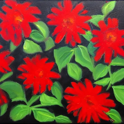 Prompt: oil painting of various red flowers painted on a black background