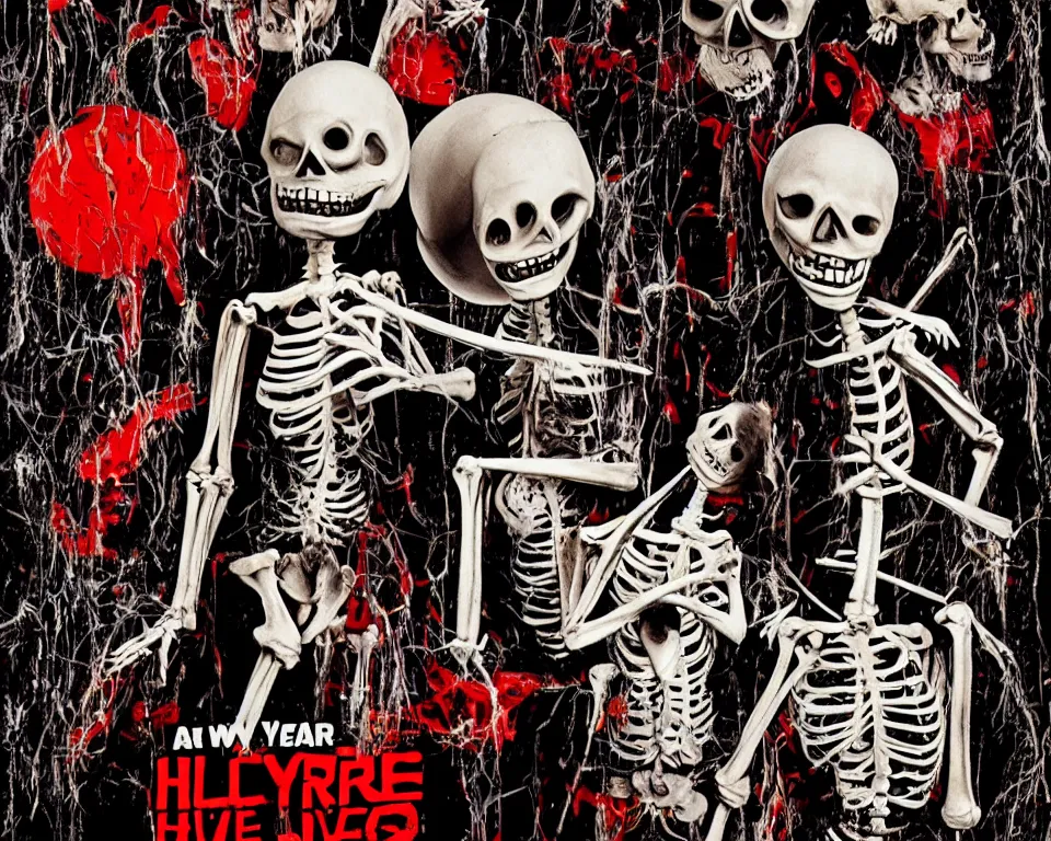 Image similar to a horror movie poster featuring new years eve skeletons