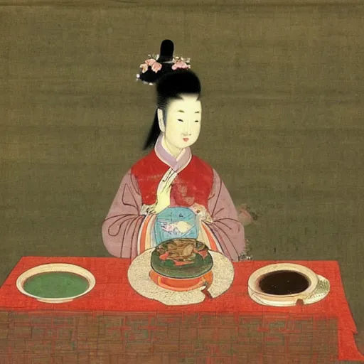 Prompt: the Chinese ancient painting of a lady eating a birthday cake in Tang Dynasty , by Han Xizai