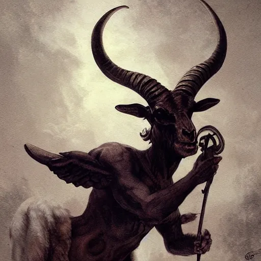 Image similar to baphomet with goat horns holding an animal skull, style of da vinci, horror, fantasy illustration, by greg rutkowski