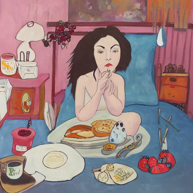 Image similar to a self - portrait in a female artist's bedroom, depressed emo girl eating pancakes, berries, surgical supplies, handmade pottery, flowers, sensual, octopus, neo - expressionism, surrealism, acrylic and spray paint and oilstick on canvas