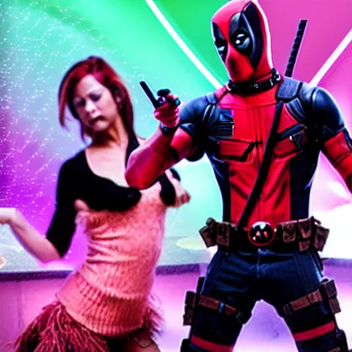 Image similar to a still of deadpool dancing at the disco with the ladies