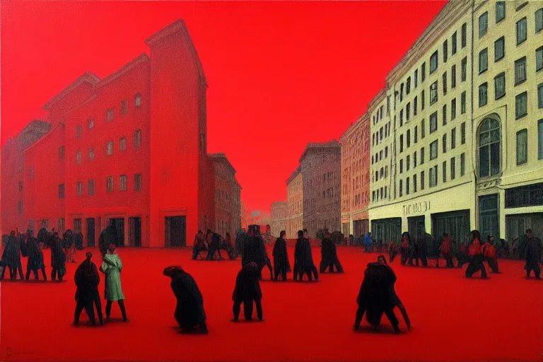 Prompt: only with red, a crowd with big smiles in the middle of a square, a paint in the middle, in the style of beksinski, parts by edward hopper, parts by rodcenko, parts by yue minjun, intricate and epic composition, red by caravaggio, insanely quality, highly detailed, masterpiece, red light, artstation, 4 k