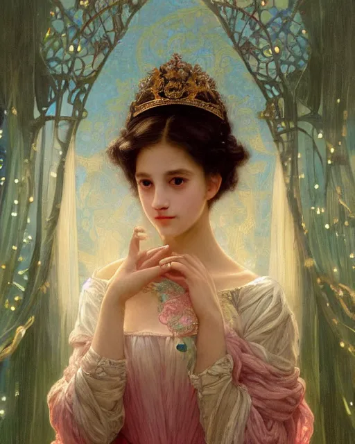 Image similar to a portrait painting of a shy, blushing 1 6 - year old princess resembling alicia vikander in a tiara and an iridescent art nouveau gown watching the lantern festival, intricate, elegant, highly detailed, artstation, concept art, by krenz cushart and artem demura and william adolph bouguereau and alphonse mucha