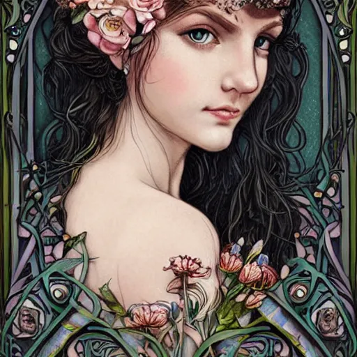 Image similar to realistic detailed face portrait of a beautiful woman with flowers in her hair by jenny savilla, fairytale, art nouveau, victorian, neo - gothic, character concept design, smooth, extremely sharp detail, finely tuned detail, story book design, storybook layout