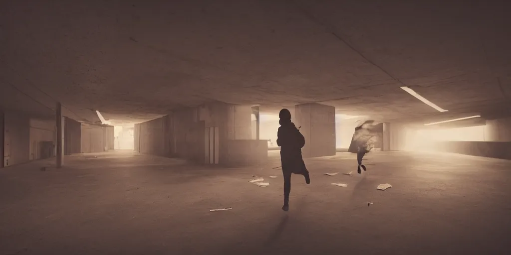 Prompt: woman running down hallway, wearing black beanie and black bomber jacket, holding shotgun, in an underground lab, brutalist architecture, sterile, unknown location, light and shadows, fire, bullet shells flying, 4k, cinematic, unreal engine