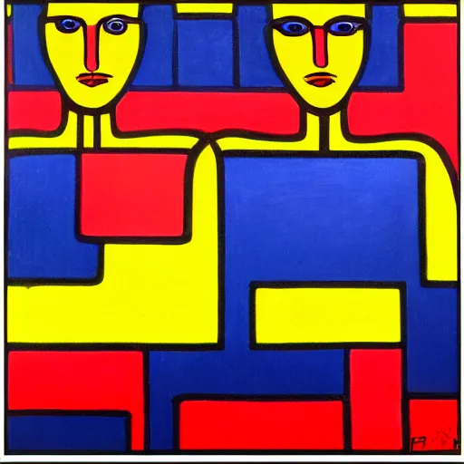 Image similar to cyborgs by piet mondrian, in red blue and yellow