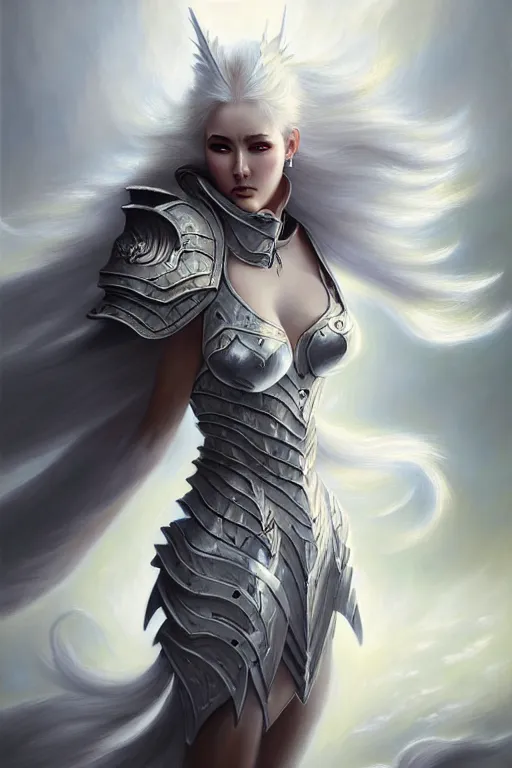 Image similar to oil painting, white, sakimi chan, fantasy armor, detailed face, walking, tony sart, wind, lightning, dramatic lighting