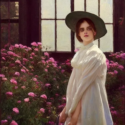 Image similar to closed eyesthick paint brush strokes full body fashion model emma watson by Jeremy Lipking by Hasui Kawase by Richard Schmid (((smokey eyes makeup eye shadow fantasy, glow, shimmer as victorian woman in a long white frilly lace dress and a large white hat having tea in a sunroom filled with flowers, roses and lush fern flowers ,intricate, night, highly detailed, dramatic lighting))) , high quality