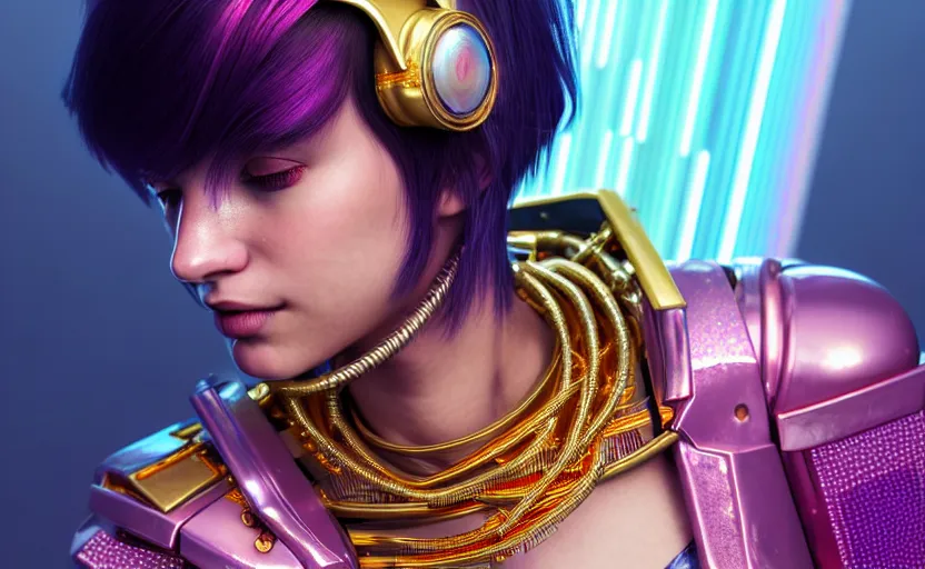 Image similar to hyperdetailed portrait of a stunningly beautiful cyberpunk cutie european girl with short dark hair guard made of iridescent metals and shiny pink gems, bright rainbow nimbus, gold necklace, gold background inspired by ross tran and masamune shirow and kuvshinov, intricate, photorealistic, octane render, rtx, hdr, unreal engine, dnd digital art by artgerm