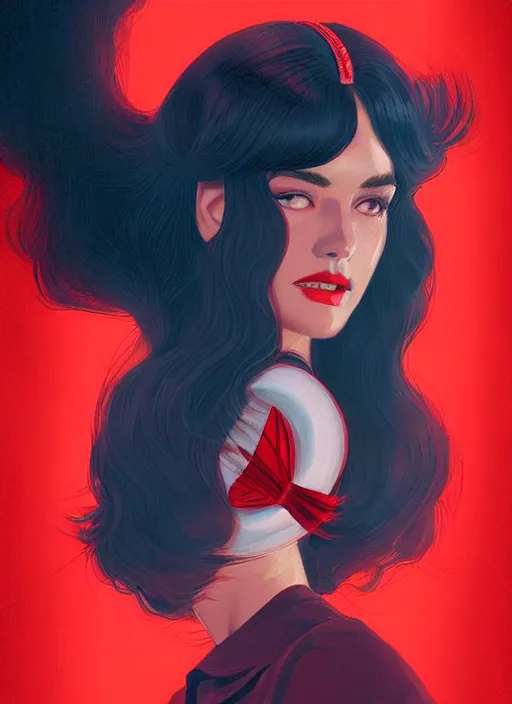 Prompt: portrait of veronica lodge with fluffy bangs, 1 9 6 0 s, long hair, red hairband, curly bangs, intricate, elegant, glowing lights, highly detailed, digital painting, artstation, concept art, smooth, sharp focus, illustration, art by wlop, mars ravelo and greg rutkowski