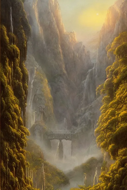 Image similar to beautiful detailed matte painting of Rivendell at the gorge, evening, Alan Lee, Artstation