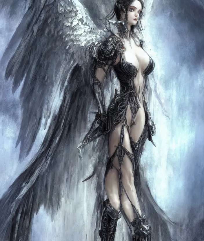 Image similar to Concept art, angel knight gothic girl, artstation trending colaboration with Joseph Mallord William Turner and Luis Royo, highly detailded