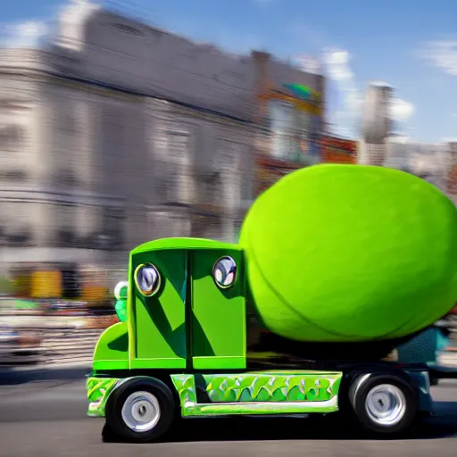 Prompt: Kermit the frog driving a semi truck 4k hd photo journalism