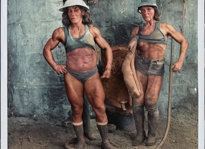 Prompt: A Very muscular miner woman, 90's professional color photograph.