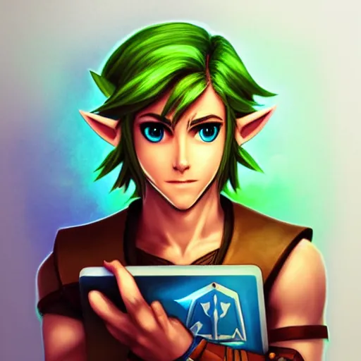 Image similar to link from zelda using computer, illustration, art by artgerm