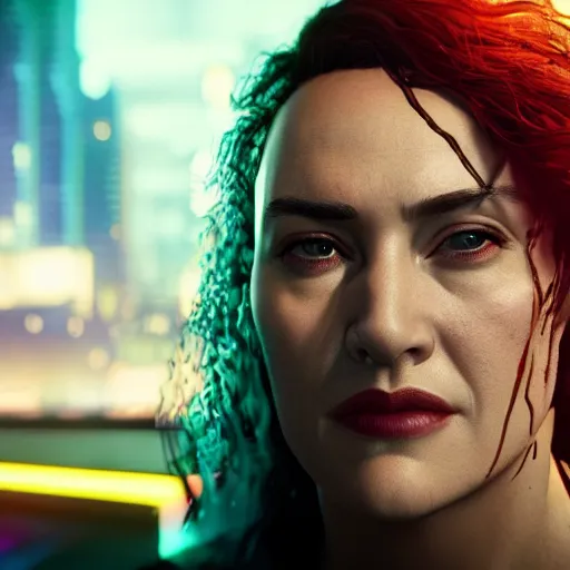 Image similar to kate winslet portrait, cyberpunk 2 0 7 7, cyberpunk judy alvarez, photorealistic, ultra detailed, neon, octane, bokeh, cinematic lighting, cyber, cyberpunk city, studio quality, feature, scars, cyberface, 8 k