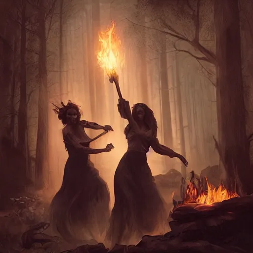 Image similar to three witches dancing around a bonefire which spawns a demon, in a forest, sharp focus, illustration, art by aenaluck and roberto ferri and greg rutkowski, epic fantasy, digital painting