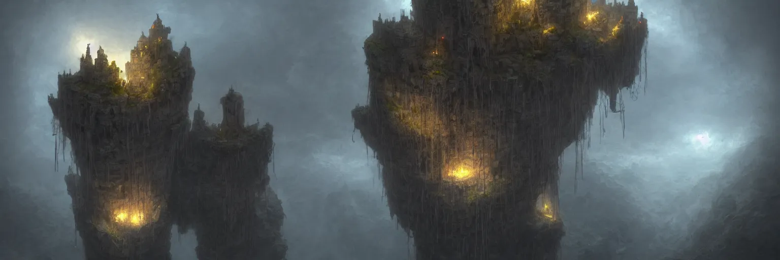 Prompt: floating castle hanging by chains in the air, inside a gorge, below only cloud dark void, 8k resolution, by Tatsuyuki Tanaka, artstation trends