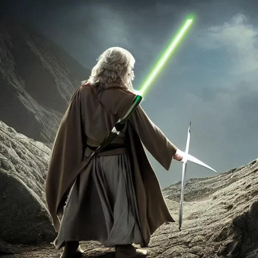 Image similar to frodo and gandalf as jedi master, dramatic lighting,