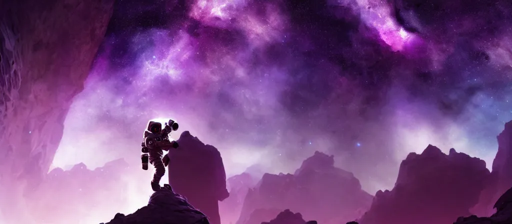 Image similar to extreme close up, astronaut on purple [ [ [ crystal ] ] ] caves, amethyst, beautiful dynamic lighting, nebula sky, cinematic, wide angle establishing shot, extremely high detail, photo realistic, cinematic lighting, matte painting, interstellar, greg rutkowski, roger deakins