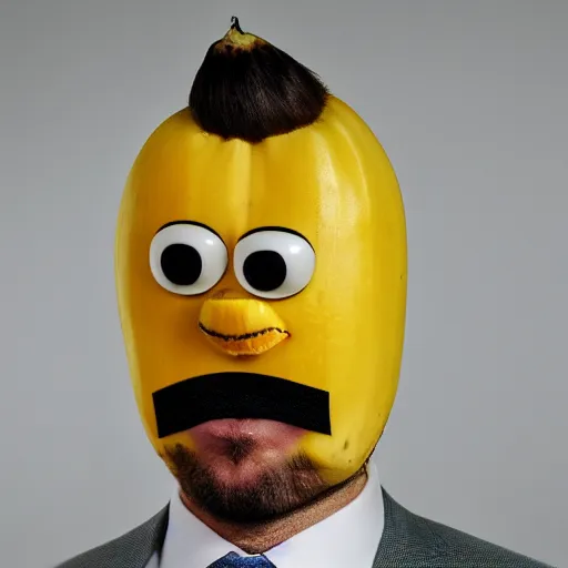 Image similar to banana head, a man wearing a suit banana head