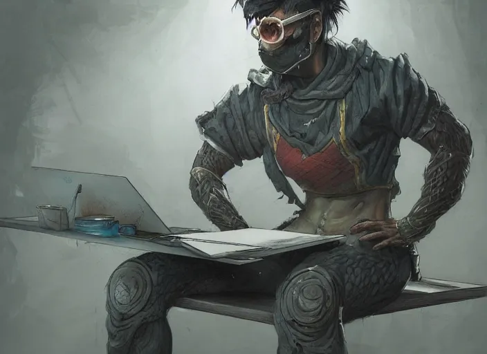 Image similar to an insanely detailed painting of an asian man wearing a homemade superhero costume, sitting at a desk, staring seriously at the computer and typing, in the style of peter mohrbacher, james jean, ruan jia, dramatic lighting and composition, surreal background, octane render, pixar, trending on artstation, concept art, comic book, view from behind, 8 k