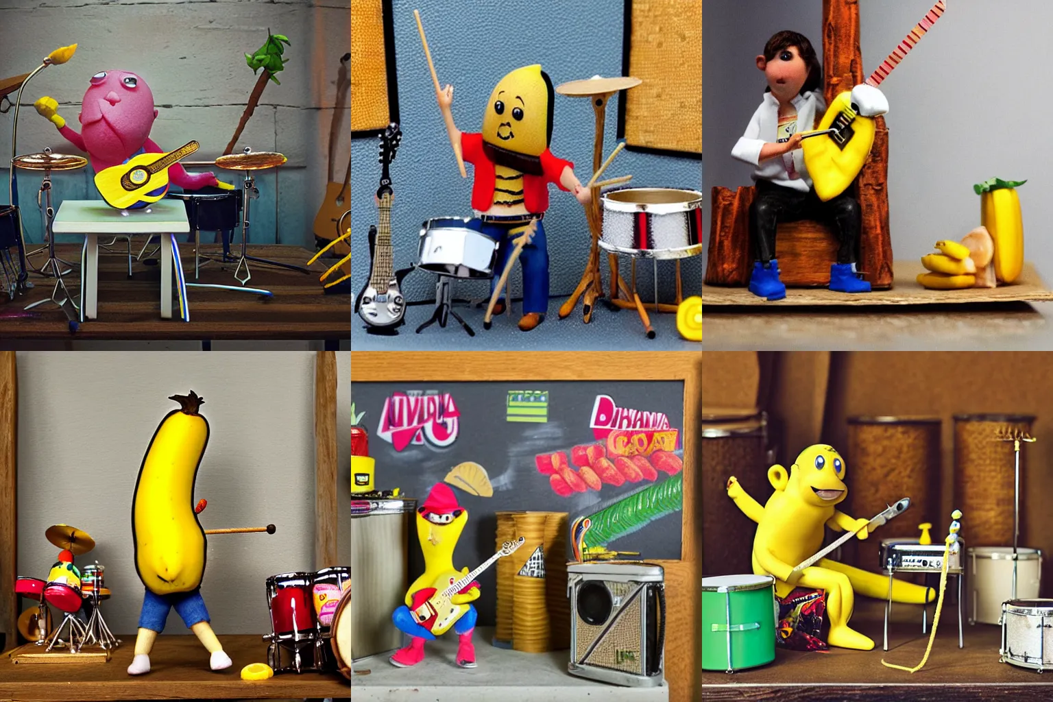 Prompt: a banana playing the drums in a garage with its fruit band, diorama