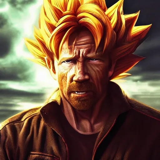 Image similar to chuck norris going super saiyan, dramatic lighting, cinematic, establishing shot, extremly high detail, photorealistic, cinematic lighting, post processed, concept art, artstation, matte painting, style by greg rutkowsky